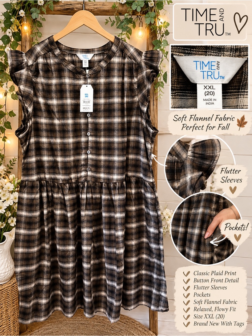 Time and Tru Plaid Mini Dress in Brown & Black Size XXL (20) NWT
